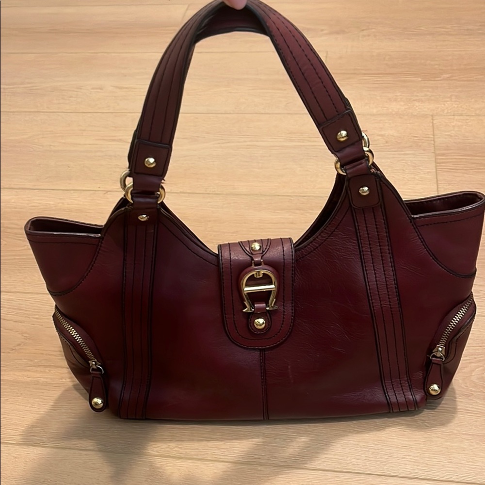 Etienne Aigner Burgundy Leather Shoulder Bag with Gold Hardware